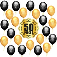 , Black and Gold New Year Balloons 2026 – Pack of 50 | Happy New Year Latex B…
