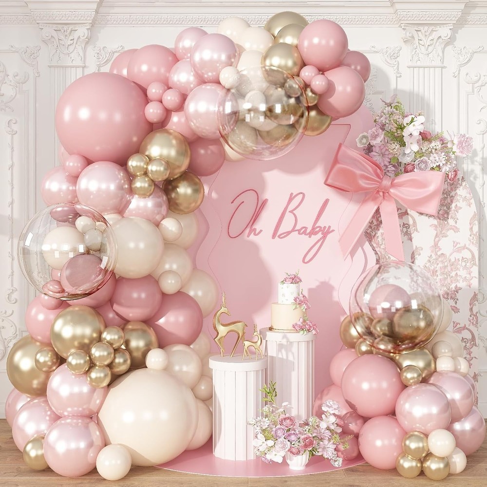 Dusty Pink Balloon Garland Arch Kit, Double Stuffed Pearl Pink White and Gold…