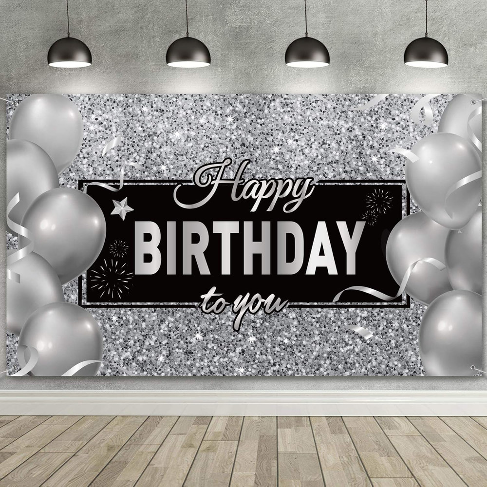 Black Silver Happy Birthday Banner Backdrop Party Decoration for Men Women
