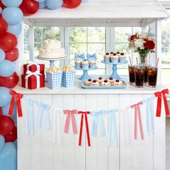 Cherry Blue Gingham Bow Garland, White Lace and Red Blue Gingham Bow Garland Ri