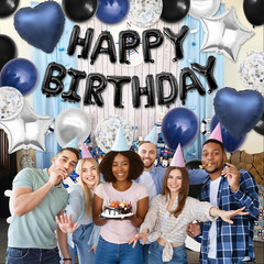 Navy Blue and Black Birthday Decorations for Men,Blue Black White Balloons Happy