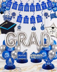 Royal Blue Silver 2026 Graduation Party Decor – Balloons, Banner, Swirls & Cente