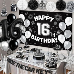 16Th Birthday Party Decorations for Boys, Black White 16Th Party Supplies with H