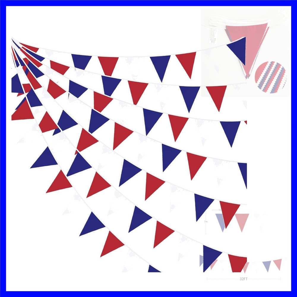 32Ft Red Blue White Banner Party Decorations Fabric Pennant Triangle Flag Bun…