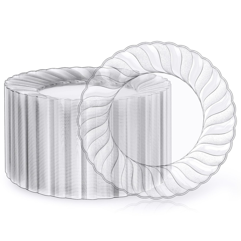 FOCUSLINE 100 Count Clear Plastic Plates 9 Inch, Disposable Heavy Duty Dinner…