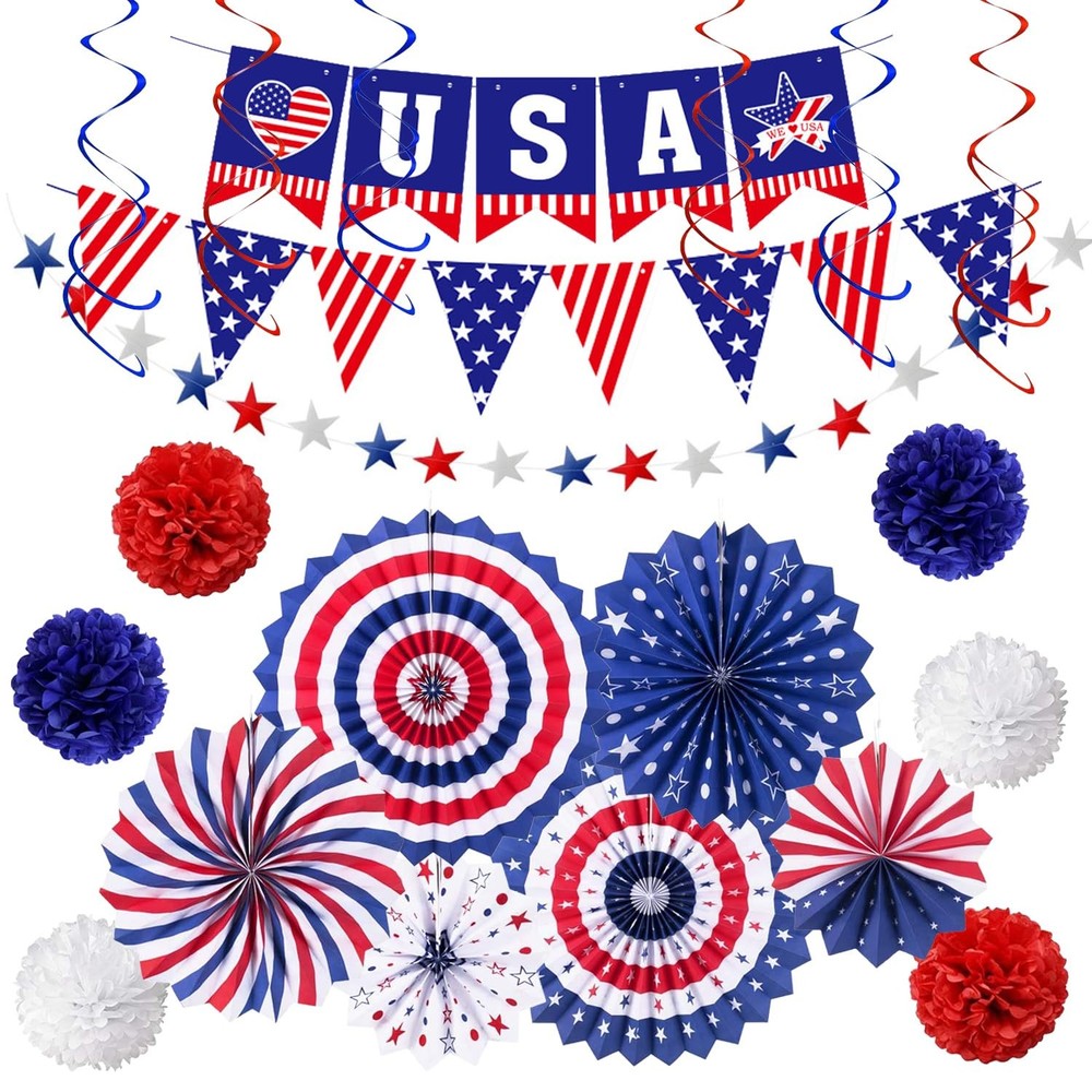 4th of July Patriotic Party Decorations, 6 Paper Fan, 6 Flower Ball, 1 USA Sw…
