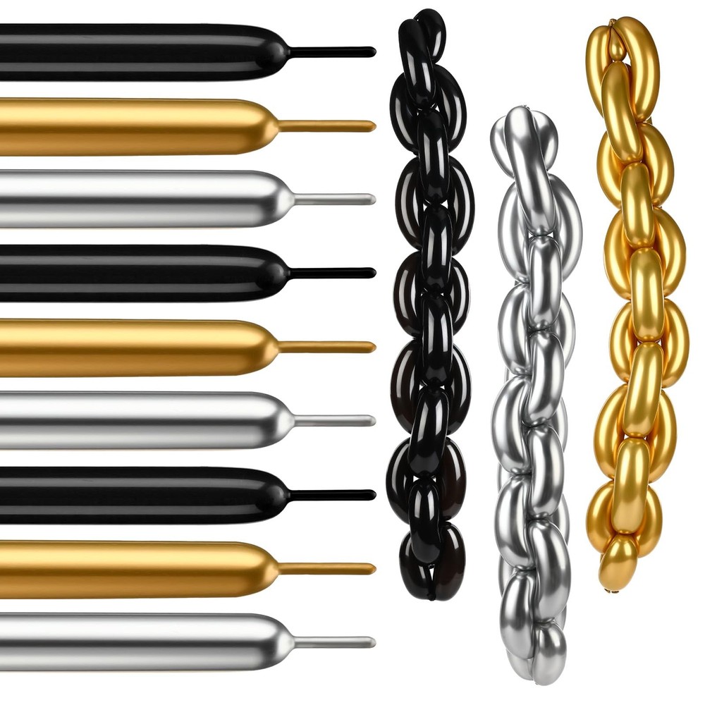 100pcs Long Twisting Skinny Balloons, Black Metallic Gold and Siver Long Ball…