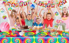 Rainbow Party Decoration Tie Dye Birthday Tableware Balloons Plates Cake Topper