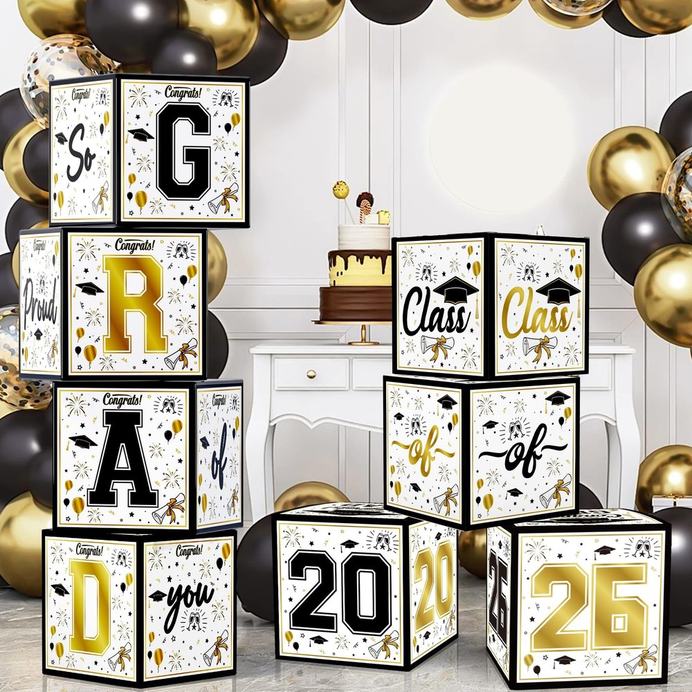 8 Pack Graduation Decorations 2026 – Black Gold Balloon Boxes for Class of 2026.