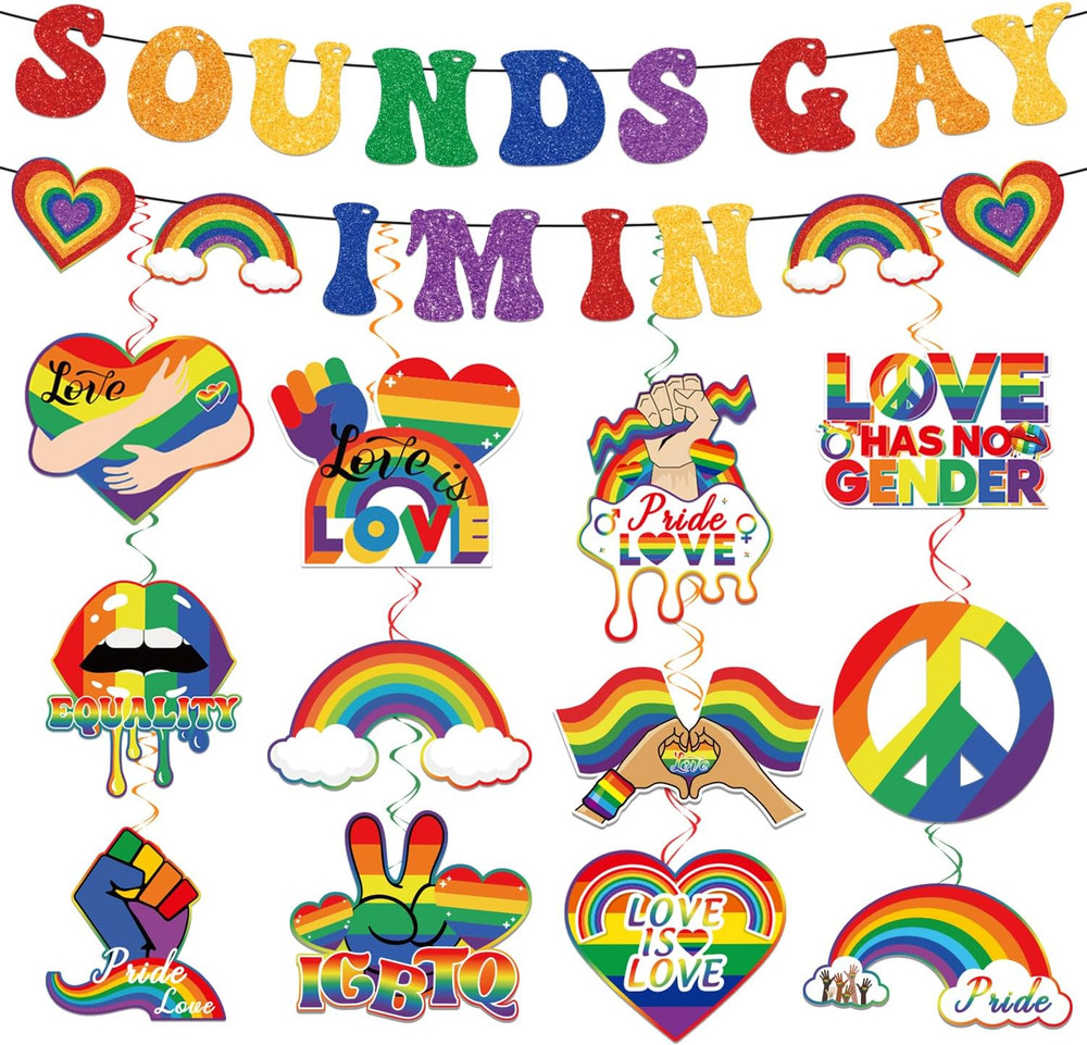Pride Decorations Banner Hanging Swirls Sounds Gay I‘M in Glitter Banner Love Is