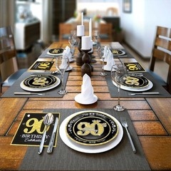 Elegant 90th Birthday Decorations, Black Gold Disposable Plates & Napkins for 30