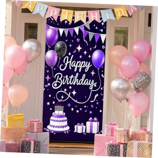 Birthday Door Cover 71×35 Inch Birthday Banner for Party Purple and Silver