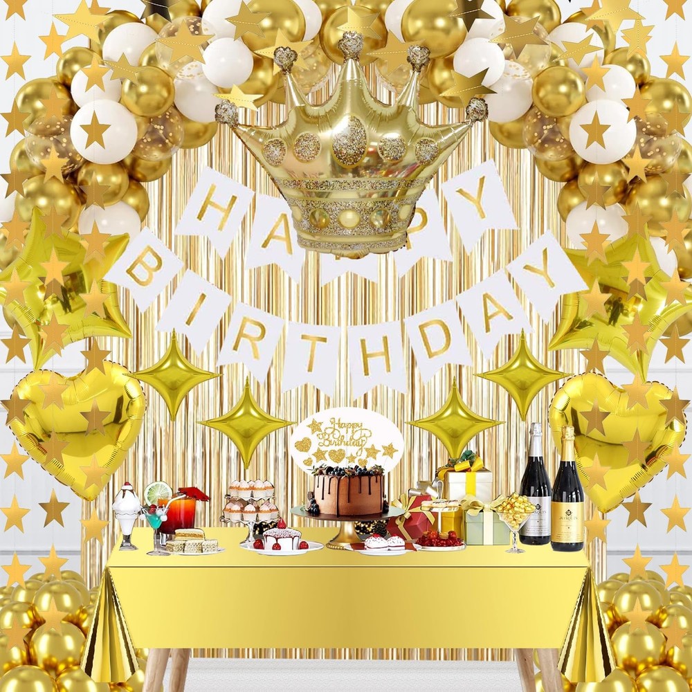 Gold Birthday Decorations Set – 92Pcs Set Gold Banner, Star Garland, Crown, S…