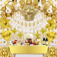 Gold Birthday Decorations Set – 92Pcs Set Gold Banner, Star Garland, Crown, S…