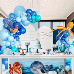 Under the Sea Balloon Arch Kit 130Pcs Dark Blue Metallic Blue Orange Long