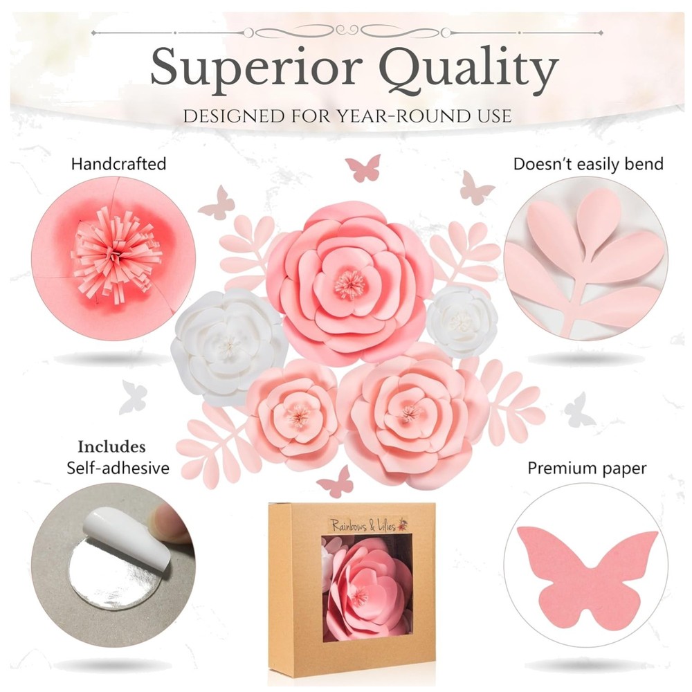Large Reusable Paper Roses for Girls Room – 15pc Set