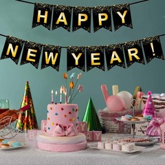 Fecedy Black Gold Happy New Year Banner for 2 Count (Pack of 1), Multicolor