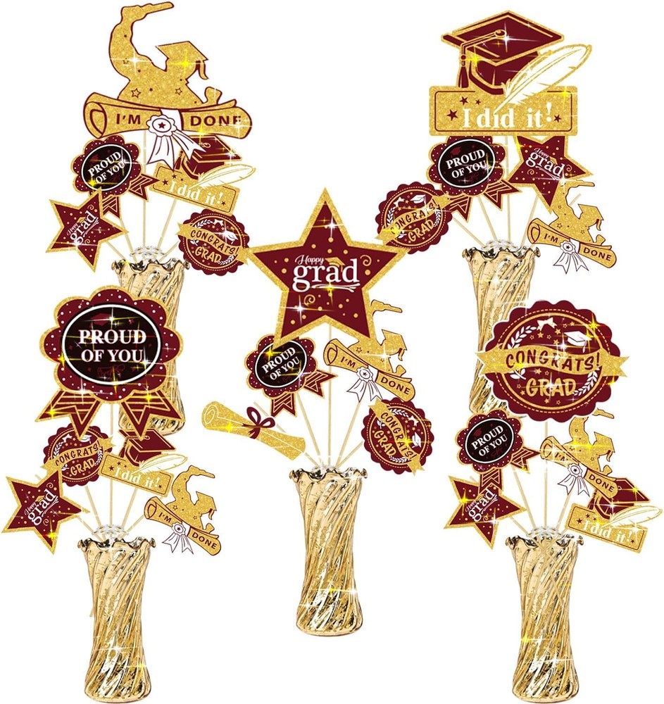 24 PCS Maroon Gold 2025 Graduation Centerpiece Sticks Table Topper Decor