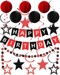 Black Red Happy Birthday Decorations, Happy Birthday Banner with Honeycomb Balls