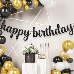 Glitter Cursive Black Happy Birthday Banner – Pre-Strung, 10 Feet | Happy Birthd