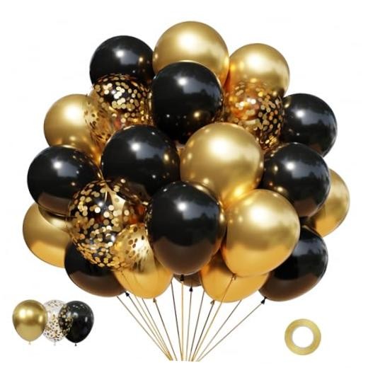 Black and Metallic Gold Balloons Set, 50PCS 12 Inch Confetti Black and Gold