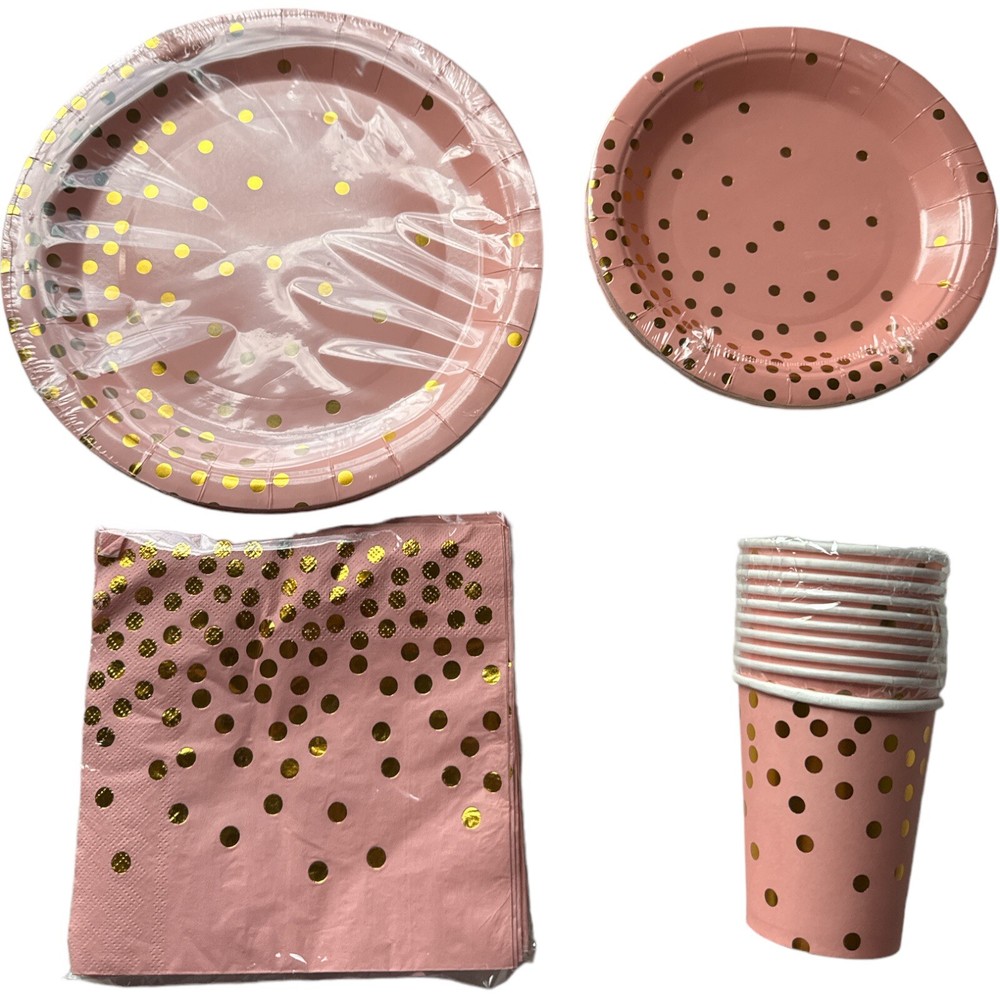 40 Pcs Pink & Rose Gold Polka Dots Party Supplies Plates Napkins Cups new