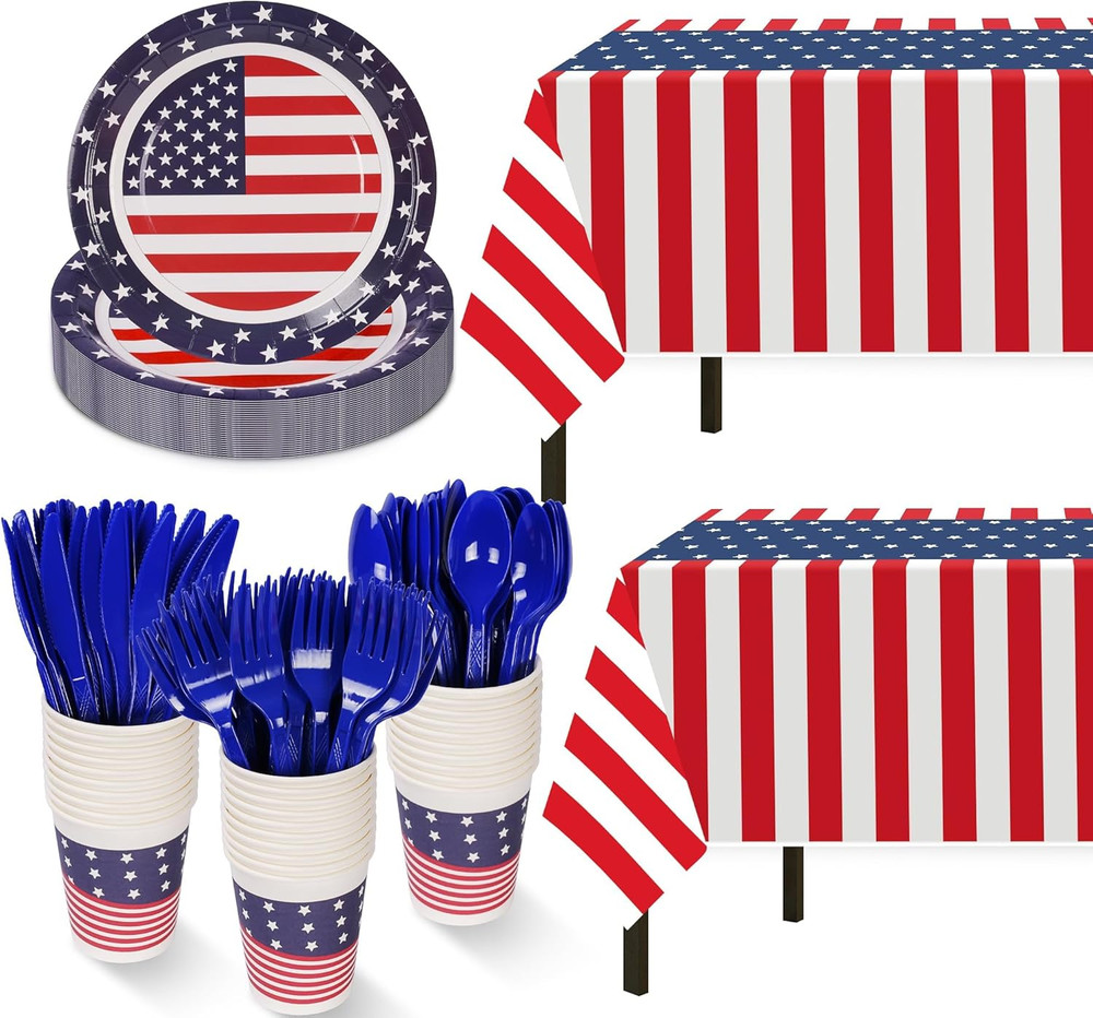 Patriotic Party Supplies,152Pcs American Flag Themed Party Set,Patriotic Party D