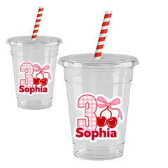 Pink Cherry 16oz Party Cups w/ Lids & Paper Straws Personalized Name & Age