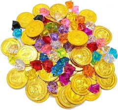 100Pcs Plastic Pirate Gold Coins Colored Gems Pirate Treasure Hunt Playset Toys