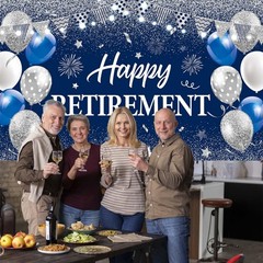 Blue Silver Happy Retirement Banner Large Retirement Party Banner Backdrop for I