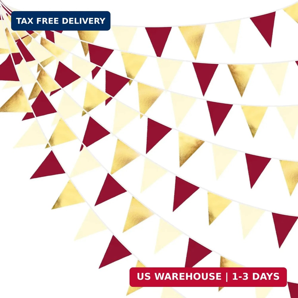 Burgundy Party Decorations Gold Maroon Beige Fabric Triangle Pennant Banner Garn