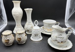 50th Wedding Anniversary LOT 15 pieces Plates Cups Bells ETC Decoration Gifts