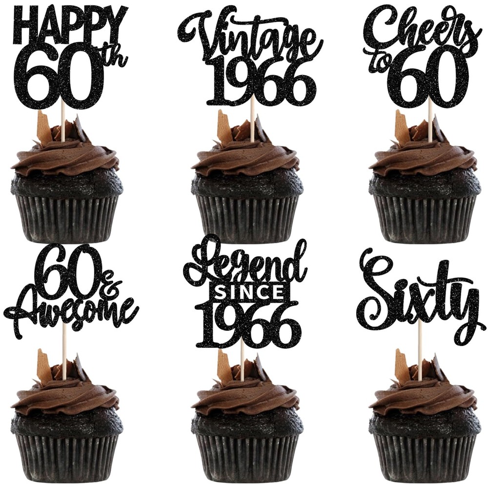 24PCS Black Happy 60th Birthday Cupcake Toppers Sixty Vintage 1966 Cupcake Pi…