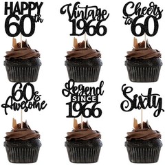 24PCS Black Happy 60th Birthday Cupcake Toppers Sixty Vintage 1966 Cupcake Pi…