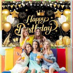 7X5Ft Happy Birthday Backdrop Banner – Black Gold Glitter Balloon Theme