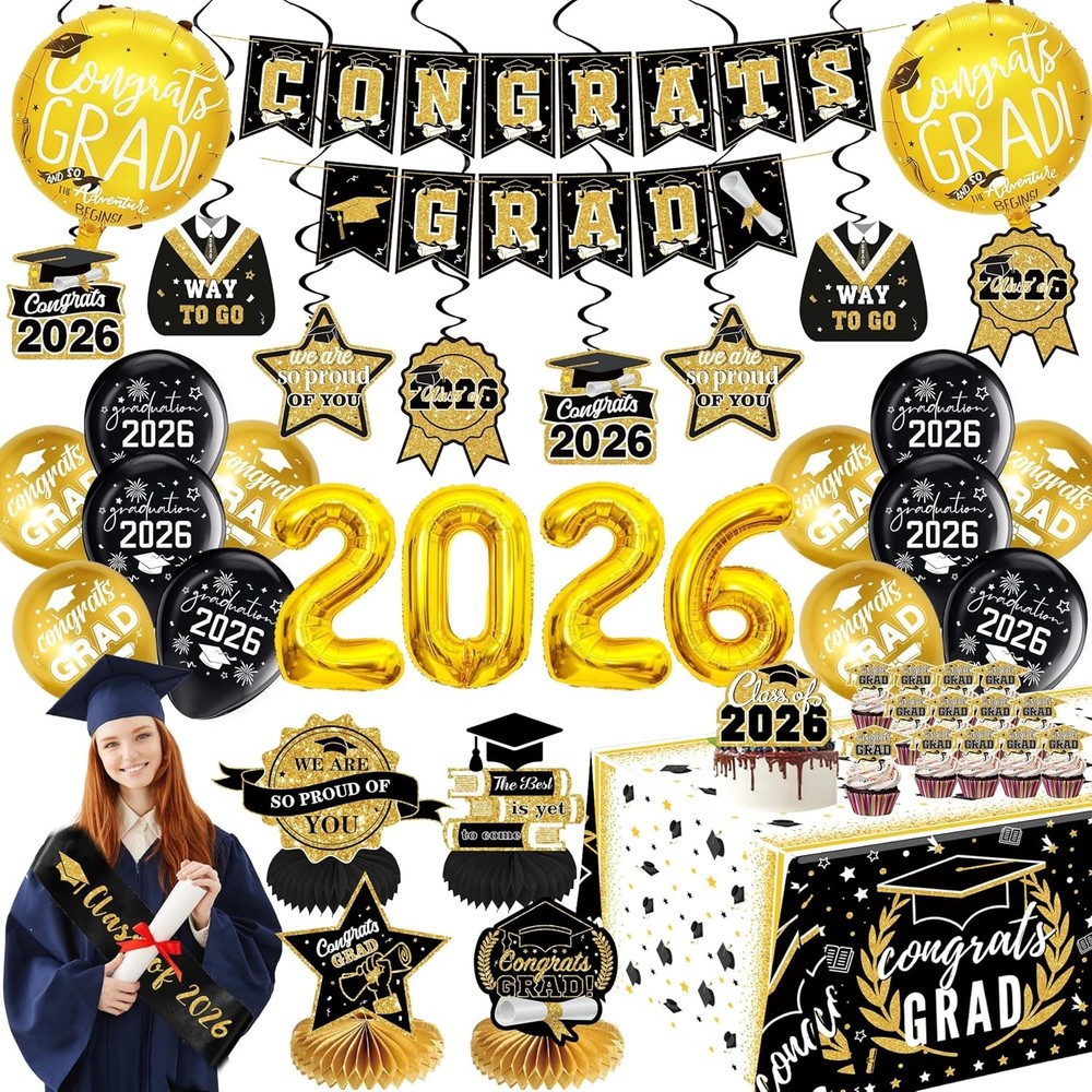 Black and Gold Graduation Decorations 2026 Class of 2026 – Includes 32 Inch 2026