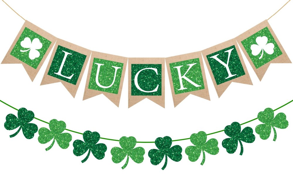 St. Patrick’s Day Banner Glitter Lucky Burlap Banner Green Shamrock Paper Banner