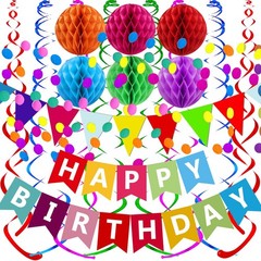 Happy Birthday Party Decoration Set Colorful Banner Honeycomb Balls Swirls