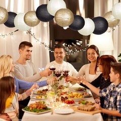 Paper Lanterns Decorative, Black Gold Hanging Round Chinese Lanterns with Lights