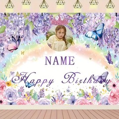 1pc Personalized Purple Flower Butterfly Princess Birthday Poster Tapestry Art ♪
