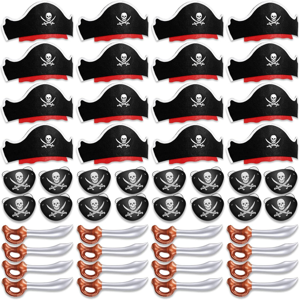 48 Pcs Funny Pirate Party Set- Include 16 Pirate Hats, 16 Eye Patches, 16 Inflat