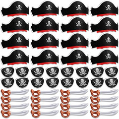 48 Pcs Funny Pirate Party Set- Include 16 Pirate Hats, 16 Eye Patches, 16 Inflat