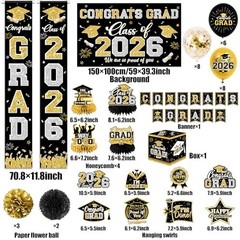 Class of 2026 Graduation Decorations Set – Black & Gold Banner, Backdrop, Balloo