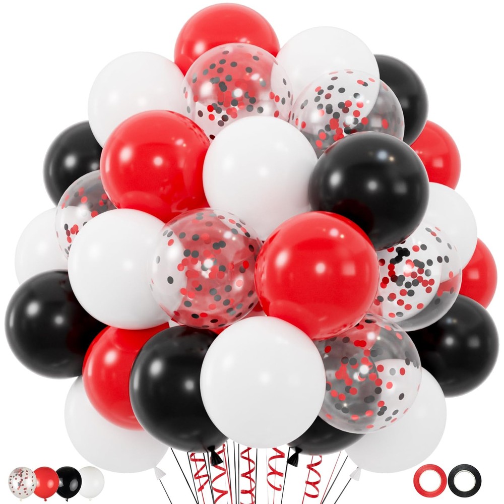 100pcs Red and Black Balloons, 12inch Red and White With Confetti Balloons fo…