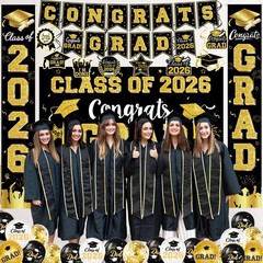 Graduation Decorations Class of 2026 – 18in, 12in, 10-inch, C2 Black and Gold