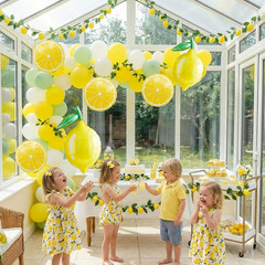 Lemon foil Balloons Summer lemonade with leaves Balloons for Fruit theme birthda