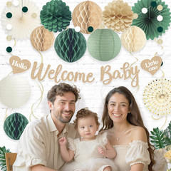 Sage Green Baby Shower Decorations Boy, Pre-Strung Welcome Baby Sign with Honeyc