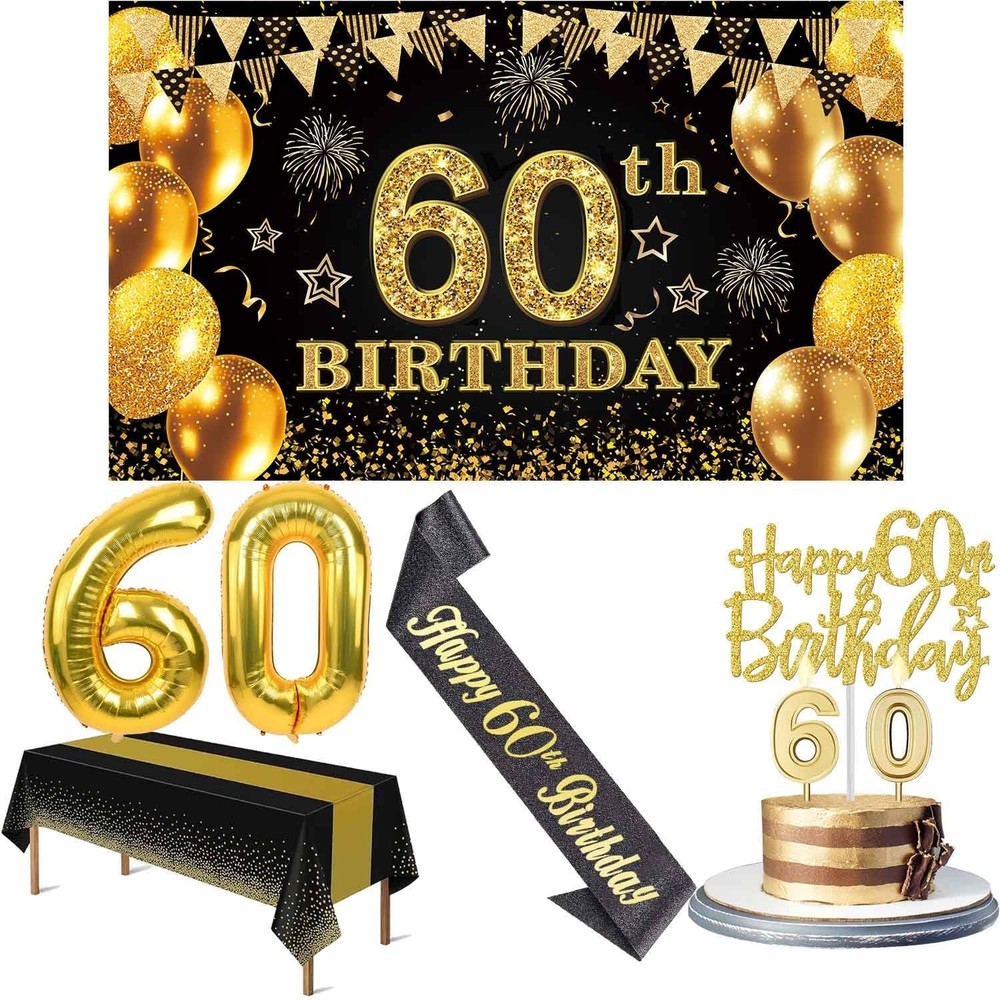 60th Birthday Party Decorations – Black & Gold Banner, Table Cloth, Balloons, Sa