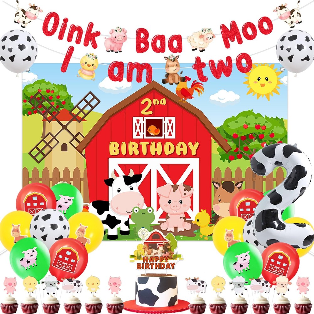 Farm Animal 2nd Party Decorations, Oink Baa Moo I Am Party Decorations Year O…