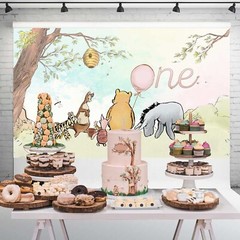 Vintage Pooh Bear Backdrop 1st Birthday Girl Watercolor Tree Pastel Sky Pink …